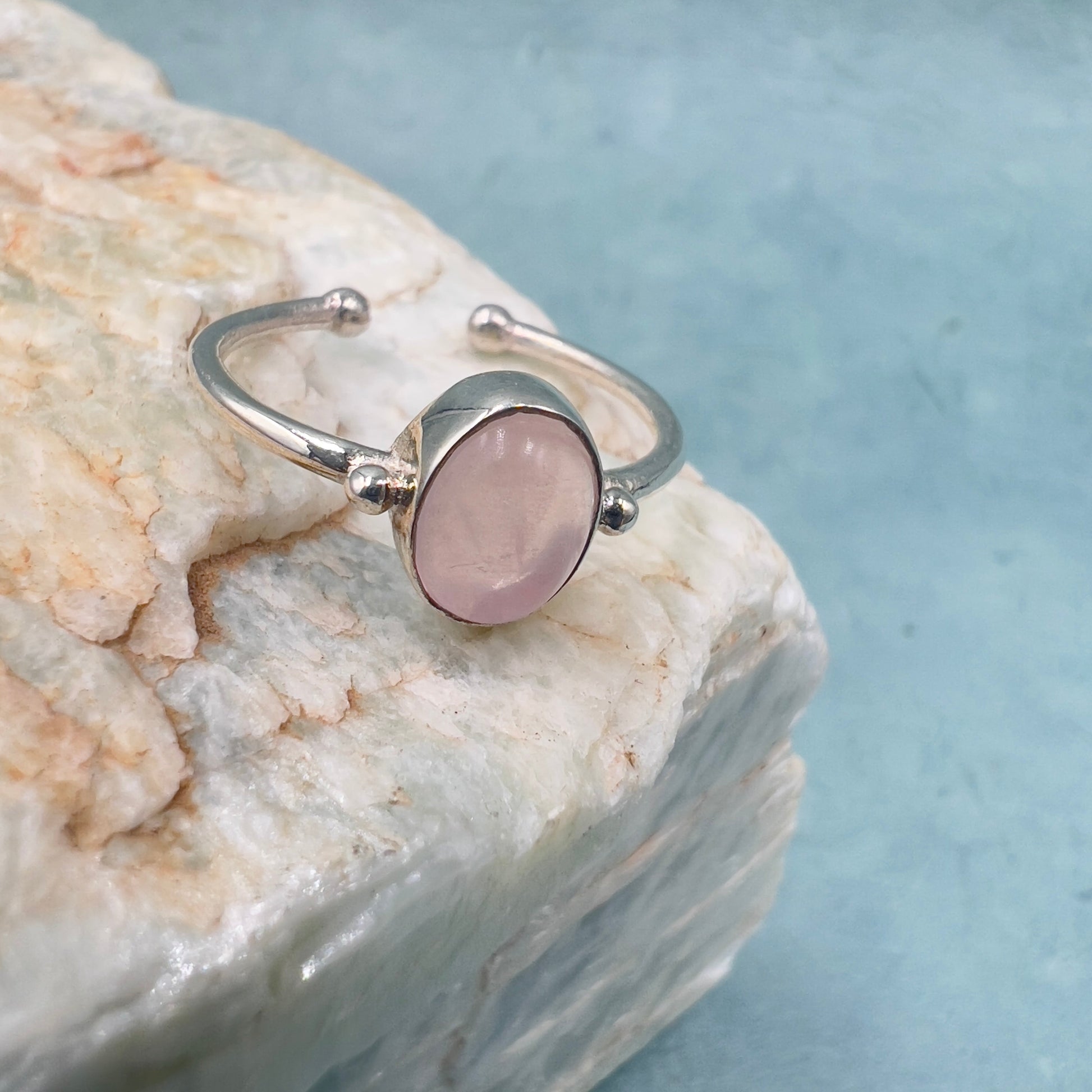 Rose Quartz Adjustable Ring w 925 Sterling Silver