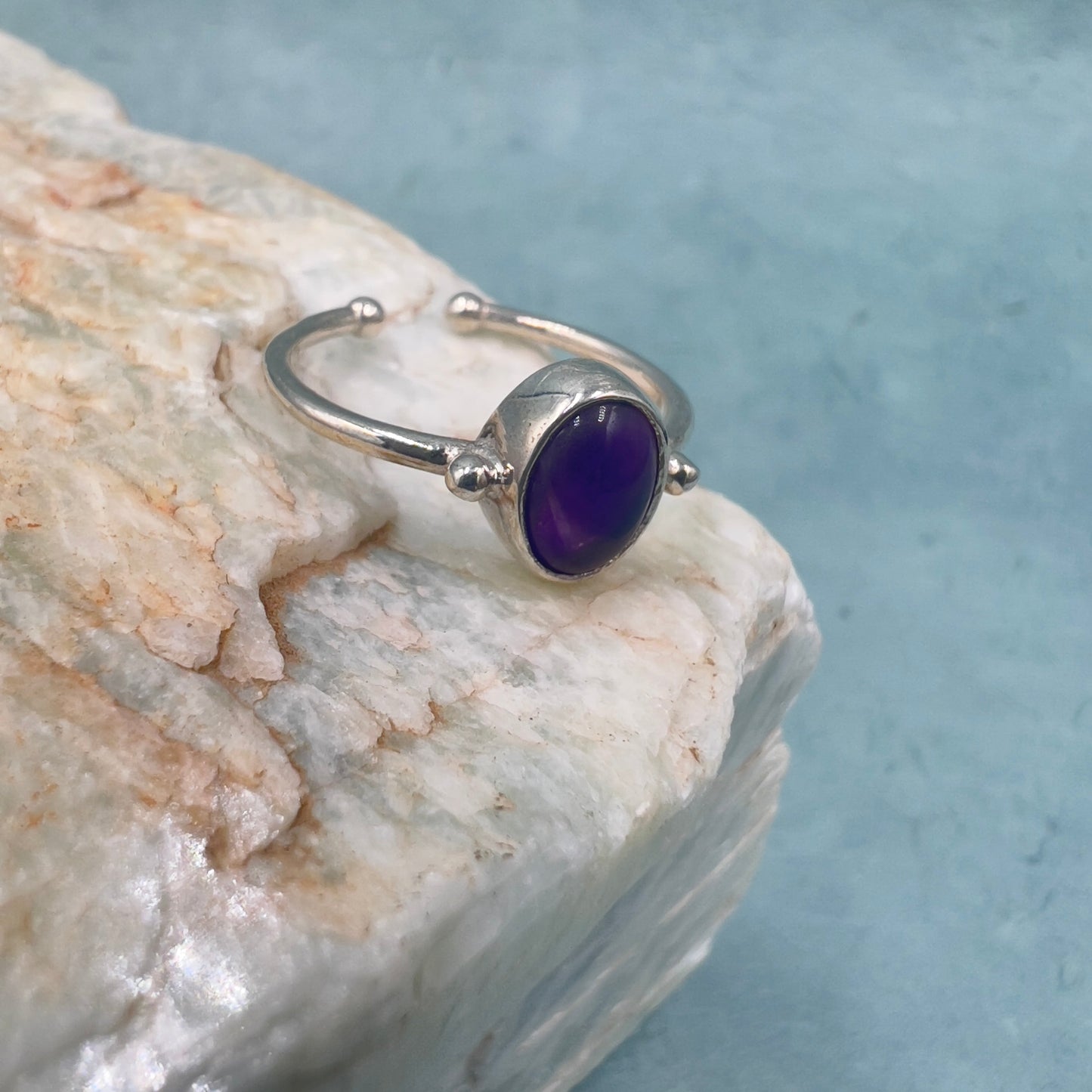 Amethyst Adjustable Ring w 925 Sterling Silver