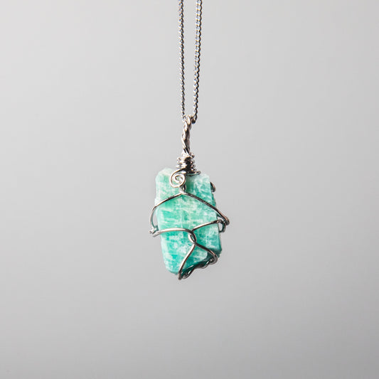 Raw Amazonite Necklace | Wire Wrapped Amazonite Pendant